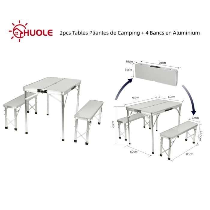 HUOLE 2pcs Tables Pliantes de Camping Valise 90 cm x 60 cm x 70 cm + 4