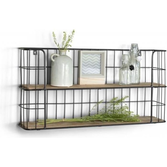 LIFA LIVING Ronda Etagère en bois style vintage et nature Etagère à épices pour cuisine ou autre en bois et métal Etagère murale ronde en bois et métal noir avec 4 étagères Ø55 cm x 11 x 55 cm Mascot Online B.V.