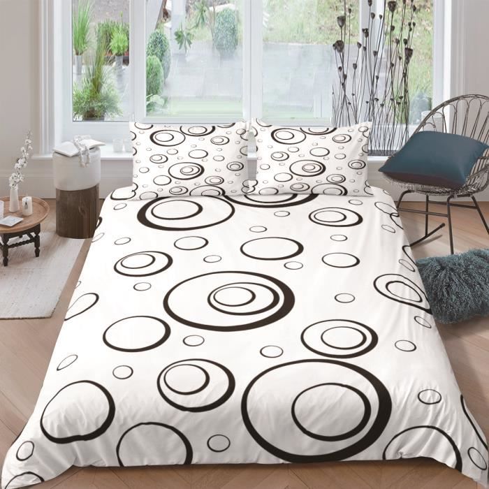 Parure De Lit 3 Pièces Lekesky Style Bohème - Housse De Couette 220x240 Cm + 2 Taies D'oreiller 80x80 Cm Fermeture éclair - Microfibre Douce - Blanc/Noir