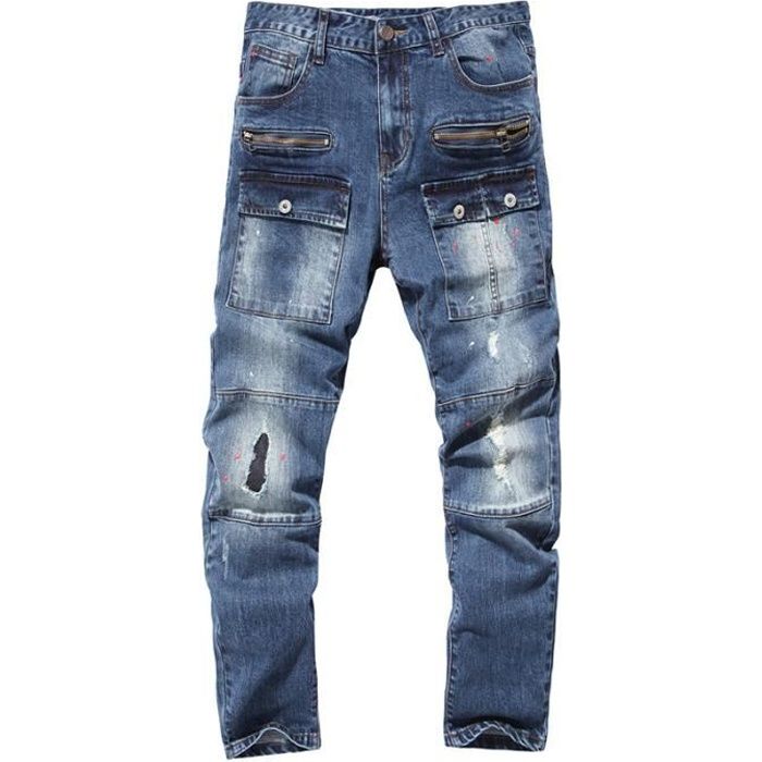 Jeans Homme grande taille Jean retro trou Moto biker Jeans Hommes Bleu Bleu Cdiscount Pret a Porter
