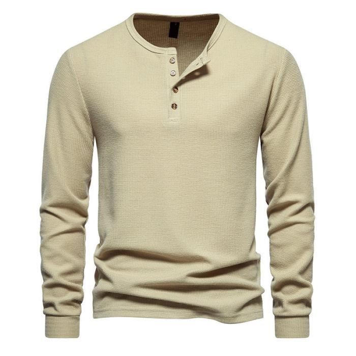 T Shirt Homme Manches Longues Henley Col Rond Kaki INSFITY t-shirt-homme-manches-longues-henley-col-rond-kaki-insfity