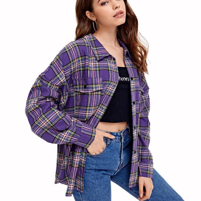 FUNMOON Chemise Carreaux Femmes Manches Longues Simple Boutonnage Cardigan Col Montant Temp rament Multicolore
