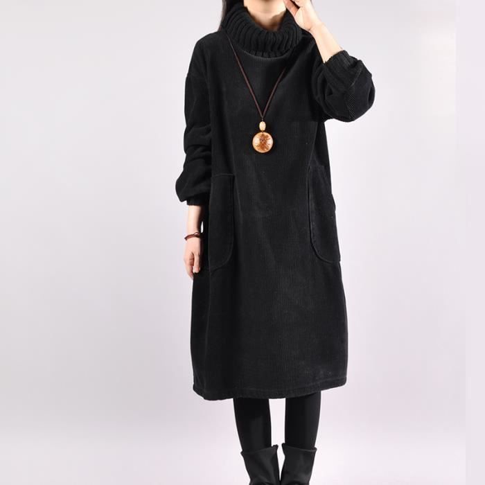 Sweat femme robe a col roule en velours cotele epais pour femme vetement ample et ample style decontracte bleu hiver Black D2215 Blanc Cdiscount Pret a Porter