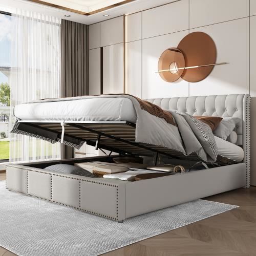 【hot】lit tapissé hydraulique 180x200, coton et lin gris clair, coffre de lit pouvant être rangé, décoration rivets, style européen