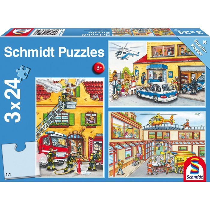 Schmidt Spiele - 56215 - Puzzle - Les Pompiers et La Police - 3 x 24 Pièces
