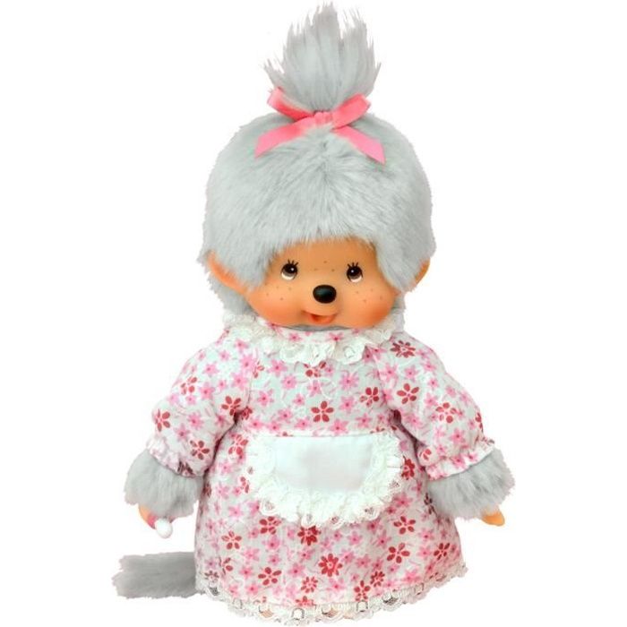 Peluche Monchhichi Mamie - BANDAI - 20 cm - Gris et rose - Convient aux enfants à partir de 24 mois