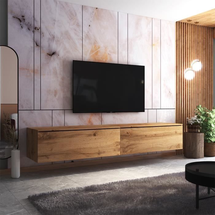 Meuble TV - BIANKO - 140 cm - chêne lancaster - style moderne - tablettes  en verre - Cdiscount Maison