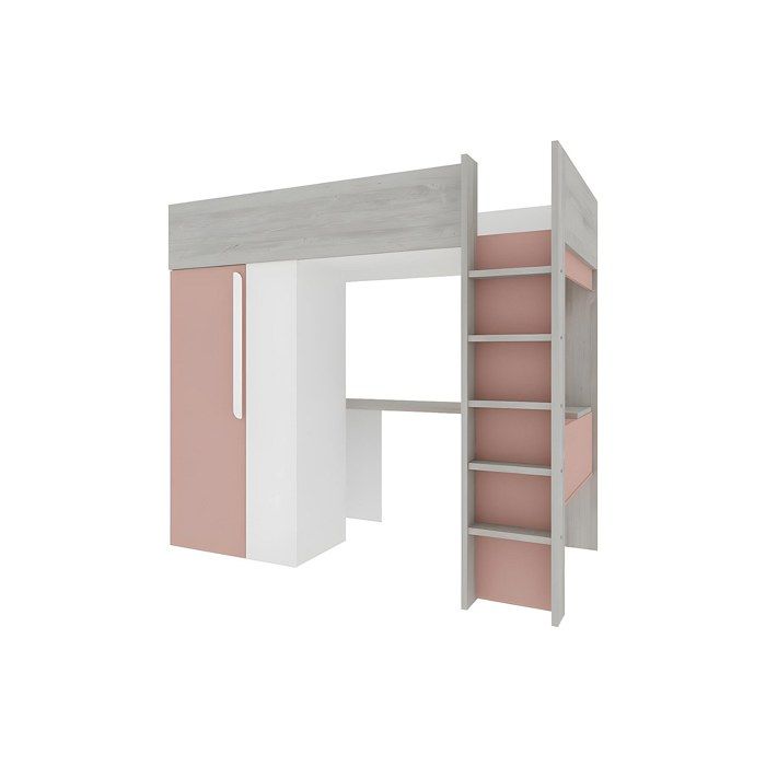 Lit mezzanine 90 x 200 cm avec armoire et bureau - Rose et blanc - NICOLAS
