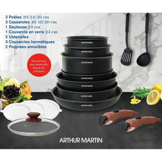 Batterie De Cuisine Inox 15 Pièces Arthur Martin AM1275 Avec Manche Amovible (neuf)