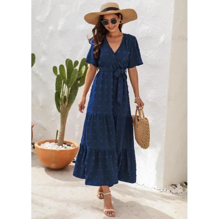 Robe Femme Ete Robe Longue Robe Manches Courtes Col en V legante