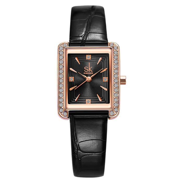 Montre femme pas cher noire rectangulaire diamants strass tanche