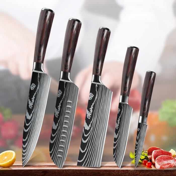 SET de couteaux de cuisine avec bloc de couteaux Damas modèle laser couteau  de cuisinier en acier inoxydable - Cdiscount Maison