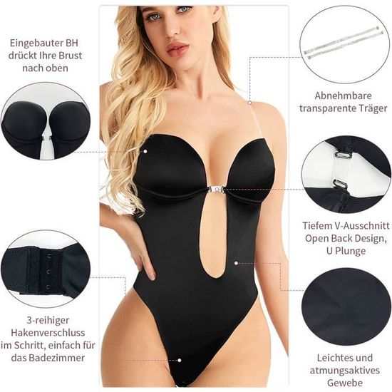 Body Gainant Dos Nu Femme - Soutien-Gorge Push Up Intégré - Bretelles Transparentes Réglables - Ventre Plat - String