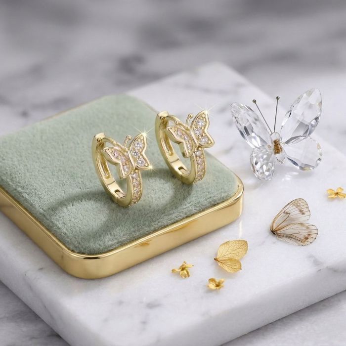 Boucles D'Oreilles Créoles Plaqué Or 585/1000 Avec Cristaux - Femme - Marque Bijouterie Papillon Bleu - Neuf Avec Étiquettes