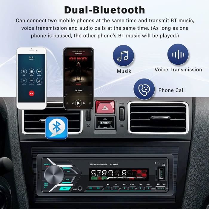 RDS Autoradio Bluetooth Main Libre, Poste Radio Voiture Bluetooth
