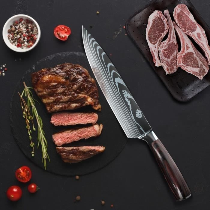 Couteau À Steak Dentelé Manche En Résine Motif Damas Couperet De