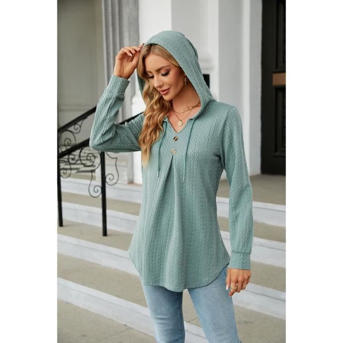 Sweat A Capuche Femme Automne Col V En Tricot Couleur Unie Relaxed