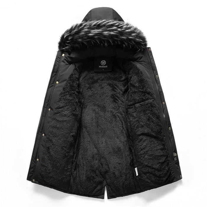 Parka Hiver Capuche Fourrure Homme Chaude Manteau Epais Mi Long Couleur  Unie