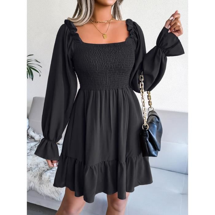 Robe Mini robe fronc e noire manches longues pour femme tenue