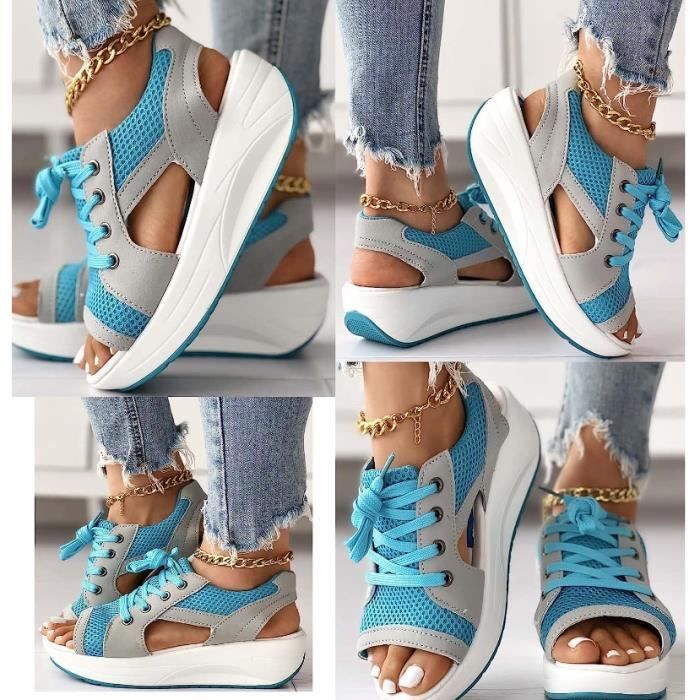 Sandales a lacets creuses a coutures contrastees pour femmes chaussures decontractees a plate forme d ete compensee a bout ouvert Bleu Cdiscount Chaussures