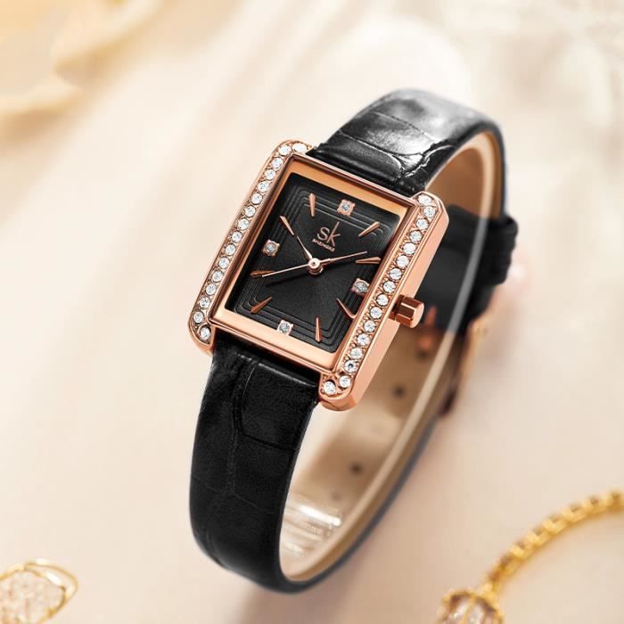 Montre femme pas cher noire rectangulaire diamants strass tanche