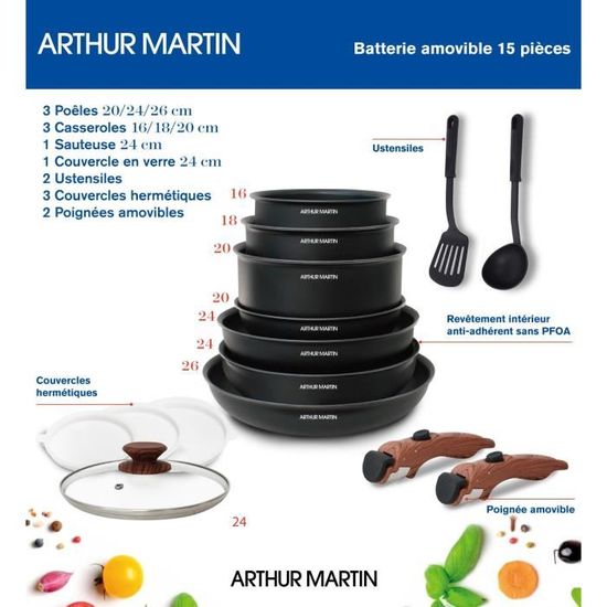 Casserolerie Arthur Martin Batterie de cuisine 15 pièces ROUGE AM666 sur
