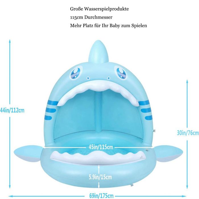 Piscine Requin Gonflable Pour Bébé Avec Auvent Et Jet D'eau - Pataugeoire 15 Cm D'eau, Pour Intérieur Et Extérieur, été Et Jeux D'eau