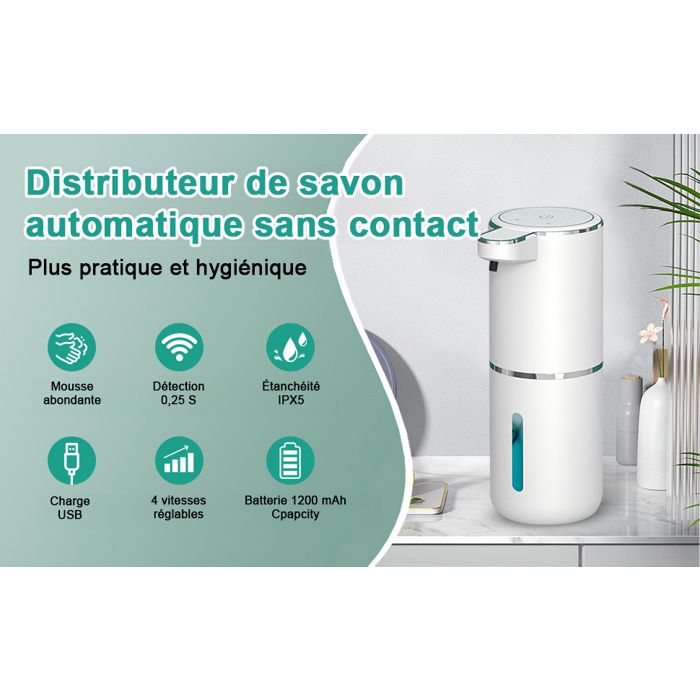 Distributeur Savon Automatique TEBOKHAD Distributeur De Savon Automatique 360ml - Électrique Avec Capteur Infrarouge, Mural, 4 Niveaux Réglables, USB-C, IPX5 Étanche Pour Cuisine Et Salle De Bain