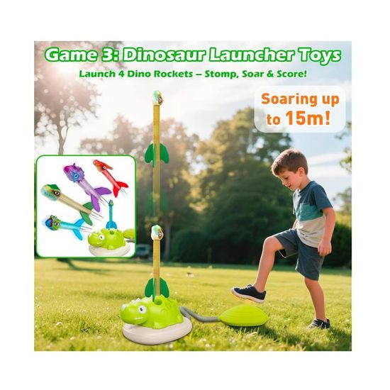 RoserRose 3 en 1 Jeux Exterieur Enfant - Fusée à Pédales Jeu, Musical Sauter, Lancer d'Anneaux, Jouet Exterieur Enfant avec Télécommande, 4 Vitesses - Cadeaux pour Garçons Filles 3 4 5 6 7 8 Ans