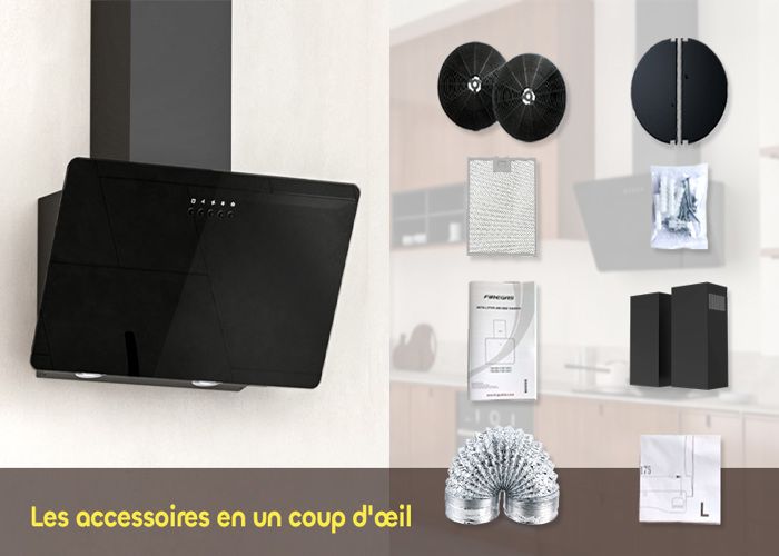 Hotte Aspirante 60cm Inclinée FIREGAS - Verre Noir Touch Control LED Moteur Sans Balais Classe A++ Silencieuse