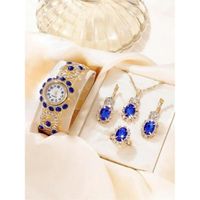 Ensemble 5 pcs Montre luxe femme parure or Bleu bijoux collier boucle d oreilles cadeau idéal