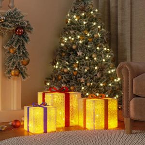 Quntis Cadeau Lumineux Noël 140 LEDs, 3Pcs Boîtes cadeaux Lumineuses avec Nœuds Rose, Coffret Cadeau Décoration Noël avec Guirlande Lumineuse Blanc Chaud, Déco Noël Intérieur pour Maison Arbre de Noël