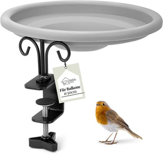 Abreuvoir Oiseaux Suspendu XL 30 Cm – Résistant Gel & Intempéries – Bain Oiseaux Balcon Avec Support Métal Solide