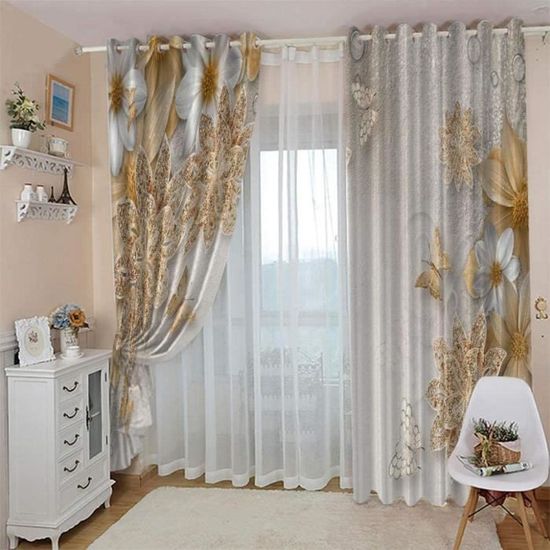 Rideau Suspendu Papillon Fleur KESOTO - 4 Panneaux Déco Salle, Séparation Espace Blanc