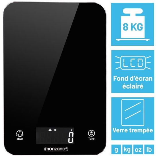 Balance de Cuisine 8kg Digitale avec écran LCD Noir avec éclairage Verre trempée Balance Postale 2 Piles Lithium incluses