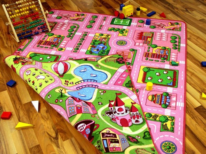 Tapis de jeu avec routes filles - Réversible - Deux faces avec paysages routiers différents - 100x165 cm