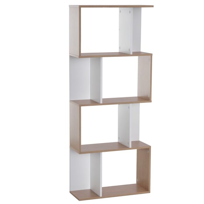 Bibliothèque étagère meuble de rangement design contemporain en S 4 étagères 60L x 24l x 148H cm coloris chêne blanc