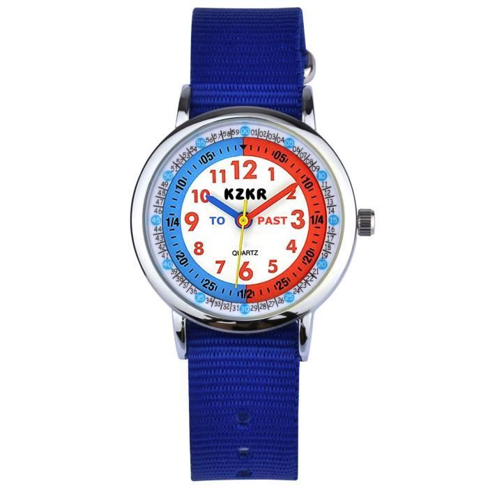 KZKR Montre garçon bleu foncé Sangle nylon Pointeur de couleur contrastante 12/24H Montre pédagogique enfant Etanche