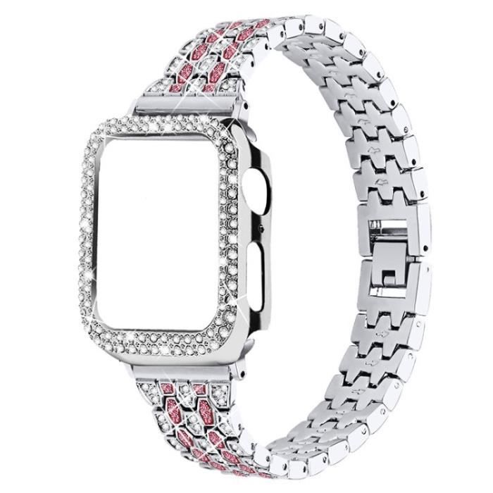 3 Rangs 5 Perles Bracelet + Couverture Protection Montre Pc Pour Apple Watch Series 6-5-4-Se 40Mm - Argent-Rose-Argent