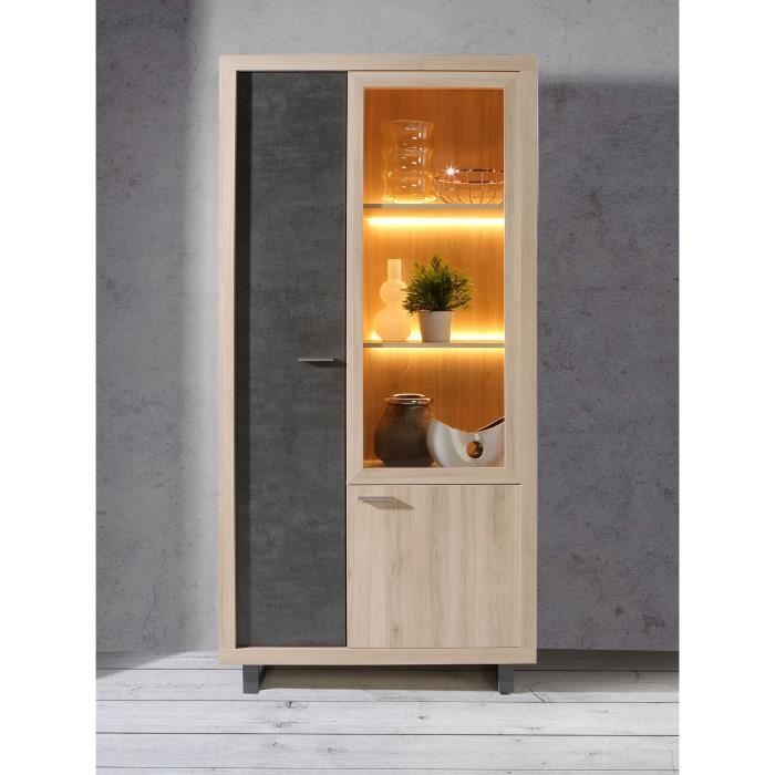 Vitrine 1 porte vitrée 2 portes + éclairage inclus - Décor béton foncé et  chêne clair - L 99,9 x P 41,3 x H 206,6 cm - SUPRIE - Cdiscount Maison