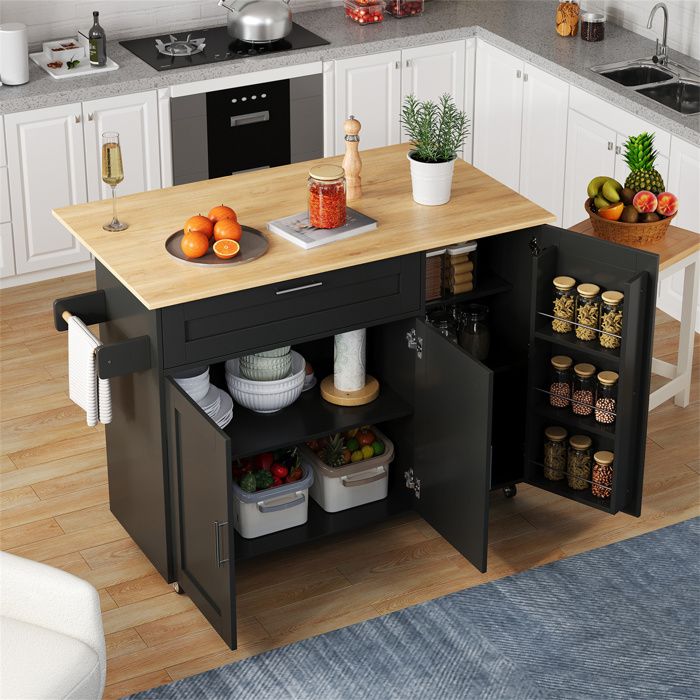 Ilot Central Cuisine avec Rangement et Plan de Travail Pliable Finition Bois de ChêneDesserte Ilot à RoulettesNoir132.5x44x90cm