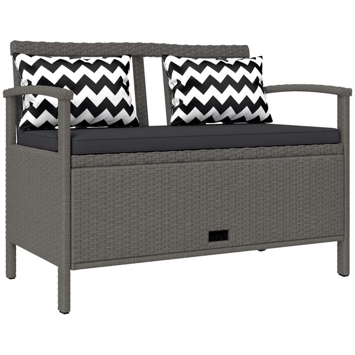Banc de rangement pour jardin - Outsunny - 2 places - 160L - avec coussin 2 oreillers - cadre en acier - en rotin PE - gris