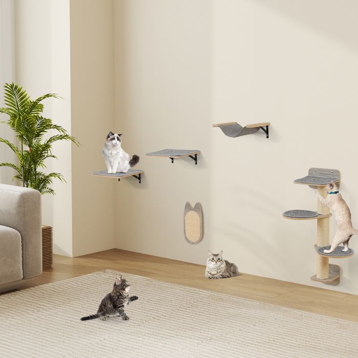 Comparer les prix de Arbre à Chat Mural DIY COSTWAY, Meubles avec 4 Niveaux pour Chats, Hamac, Planche à Griffer et Tapis, 2 Plateformes de Saut