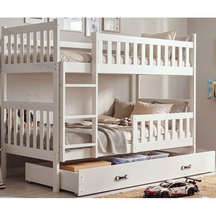 Lit Superposé Separable QUBA 90x190cm Blanc - Bois Massif Pin avec Tiroir Sommier et Barrière