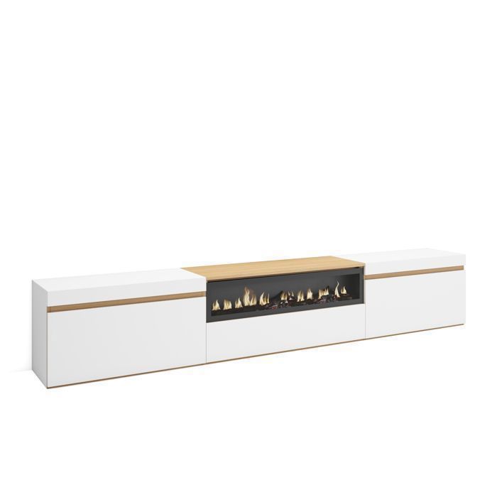Meuble TV, Banc Télé, 260x45x35cm, TV grand format, Cheminée électrique, Blanc et Chêne Soft, RF3791
