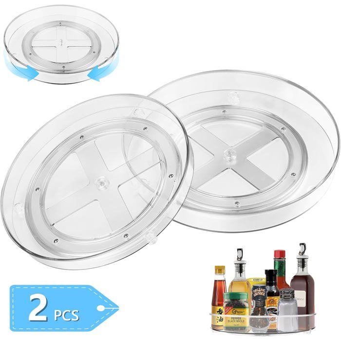 2 Pièces Plateau Tournant Cuisine Rotatif 360° pour Epices Snack Bouteille Cosmétique Fruit Organisateur Frigo (23.5cm+27cm)