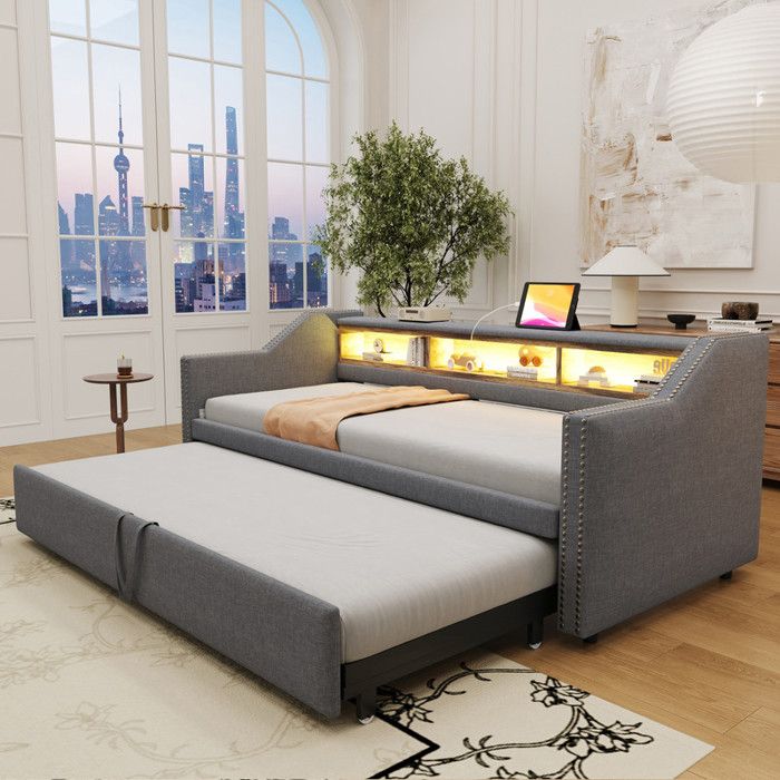 Canapé-Lit Convertible 90/180x190 cm avec LED et USB Cadre de Lit Adulte avec Rangement Lit Double Rembourré Gris Foncé