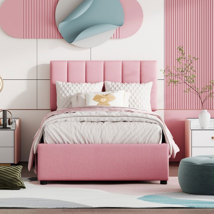 O.Ye Lit denfant pour Fille-Lit rembourré 90x200 cm rose-sommier+coffre de rangement-TOPESCT-en lin doux pour la peau