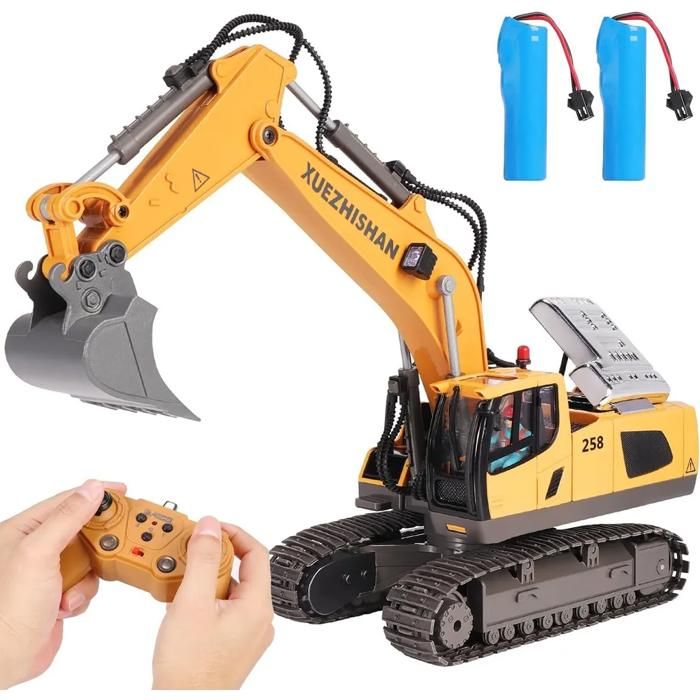 Excavatrice télécommandée, véhicule de Chantier RC 2,4 GHz 13 canaux avec Rotation à 680°, lumière LED et Spray, Seau en Alliage - Jeux - Jouets