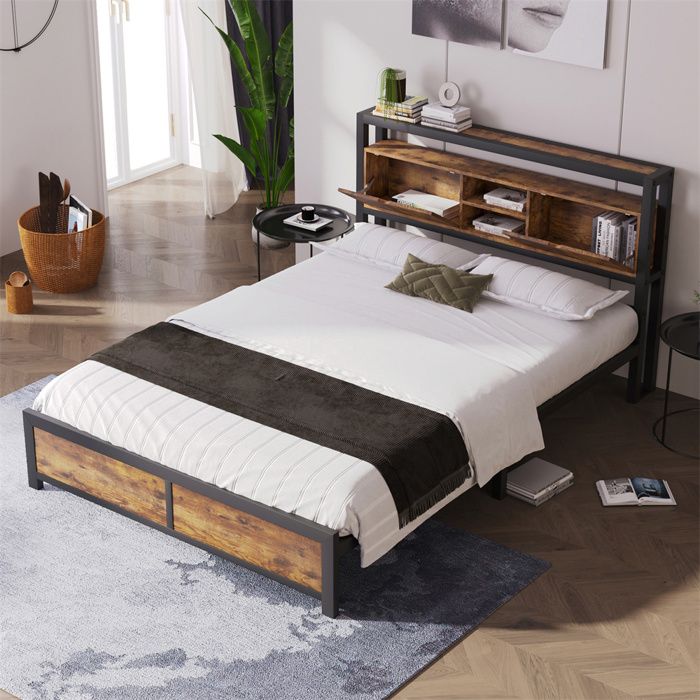 Lit métal 140 x 200 cm double avec tête de lit coffre et sommier à lattes – 2 places capacité 200 kg neutre